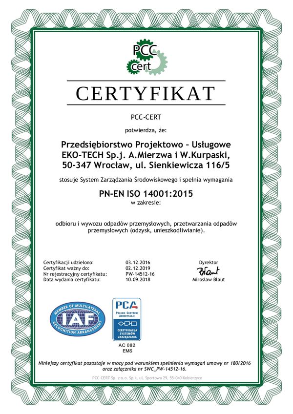 Certyfikat ISO 14001:2005